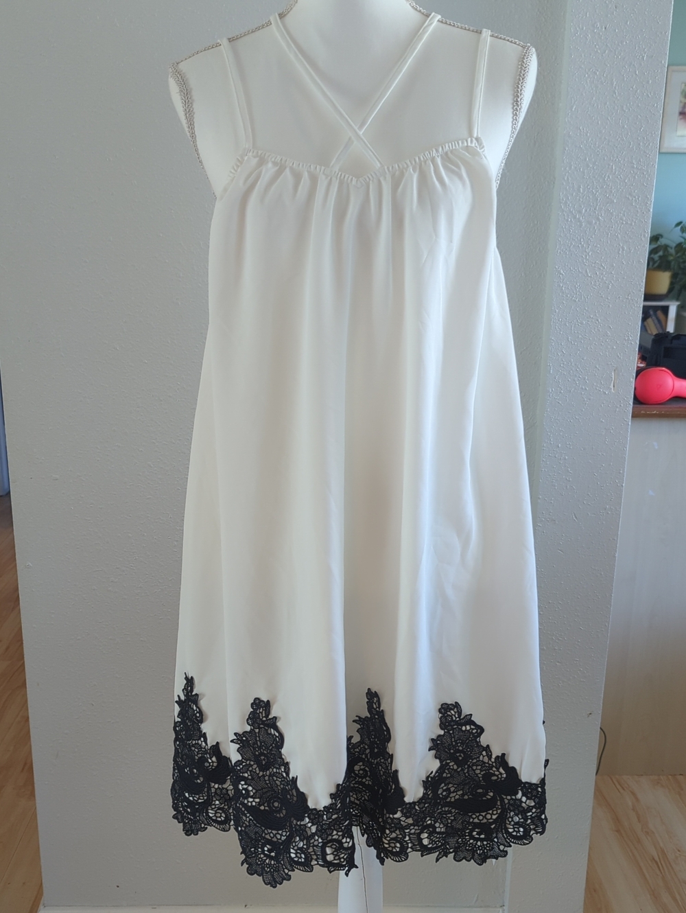 Cupshe Ivory Sleeveless Swim Cover Satin Look Dress with Black Lace Hem NWT Sz.M